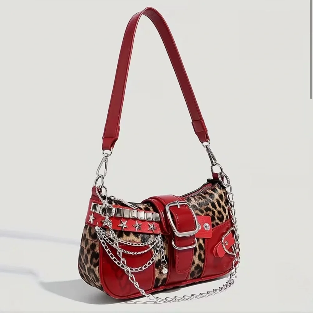 Y2K Leopard Print Shoulder Bag Red Studded Chain Punk Grunge Purse - NEW - Picture 2 of 9